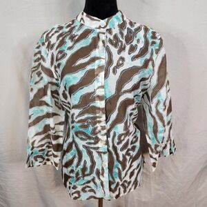 New! ALFRED DUNNER Size 16P Turquoise Brown‎ Sheer Zebra Print Button Up Blouse